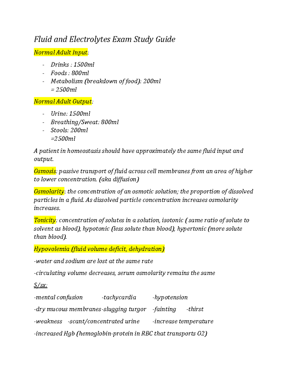 Fluid And Electrolytes Exam Study Guide - Osmosis: Passive Transport Of ...