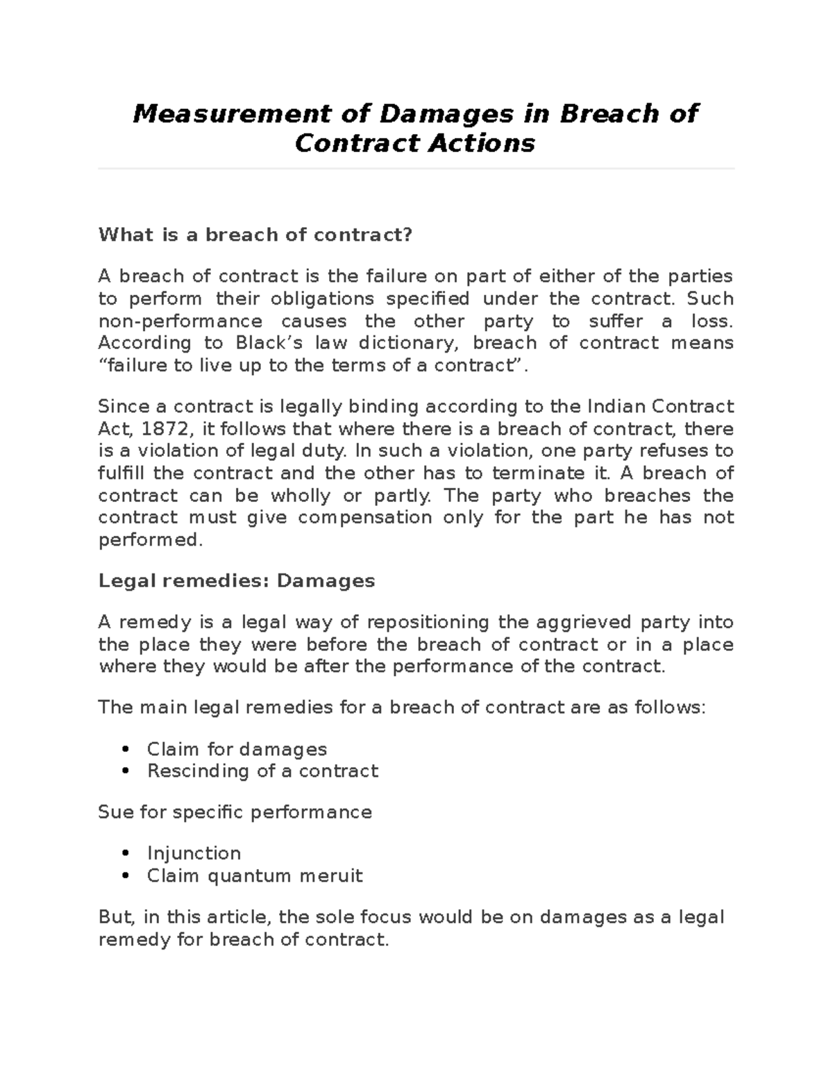 Measurement of Damages in Breach of Contract Actions - Such non ...