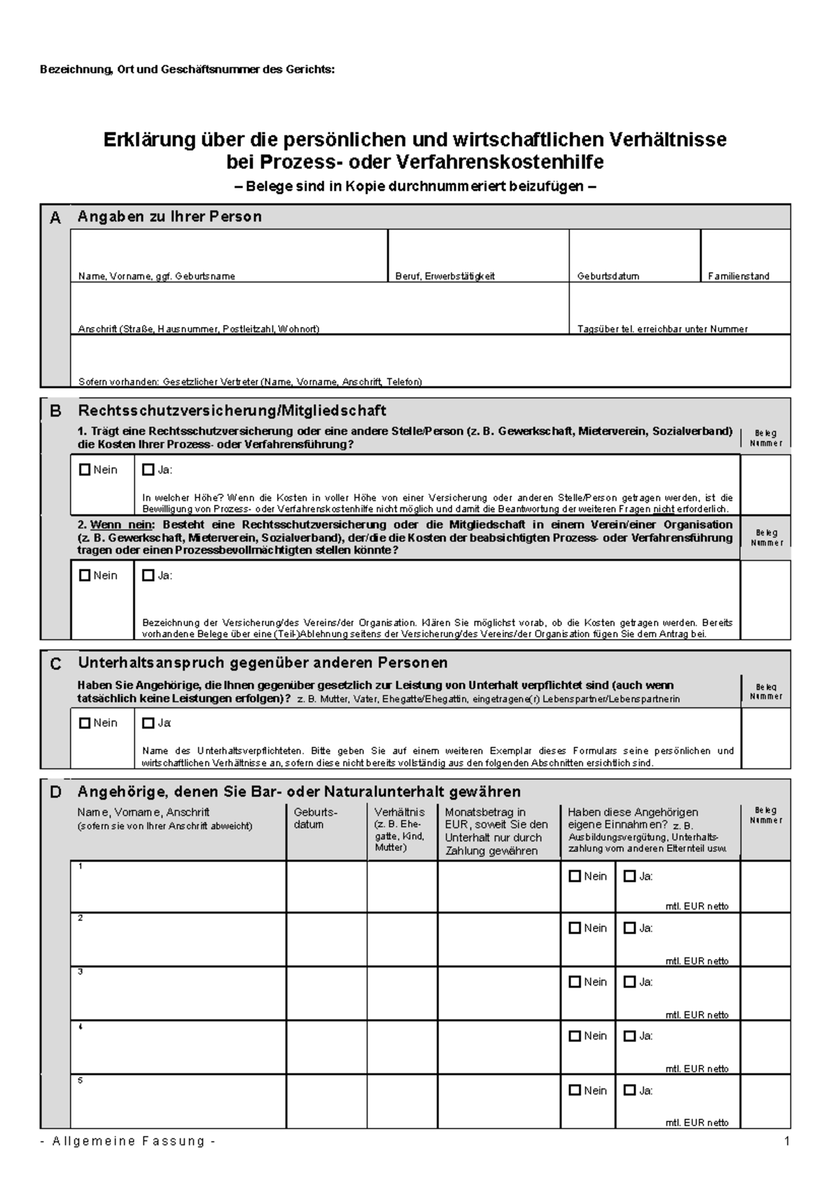 Erklaerung Verhaeltnisse Prozess Oder Verfahrenskostenhilfe - B 1 A ...