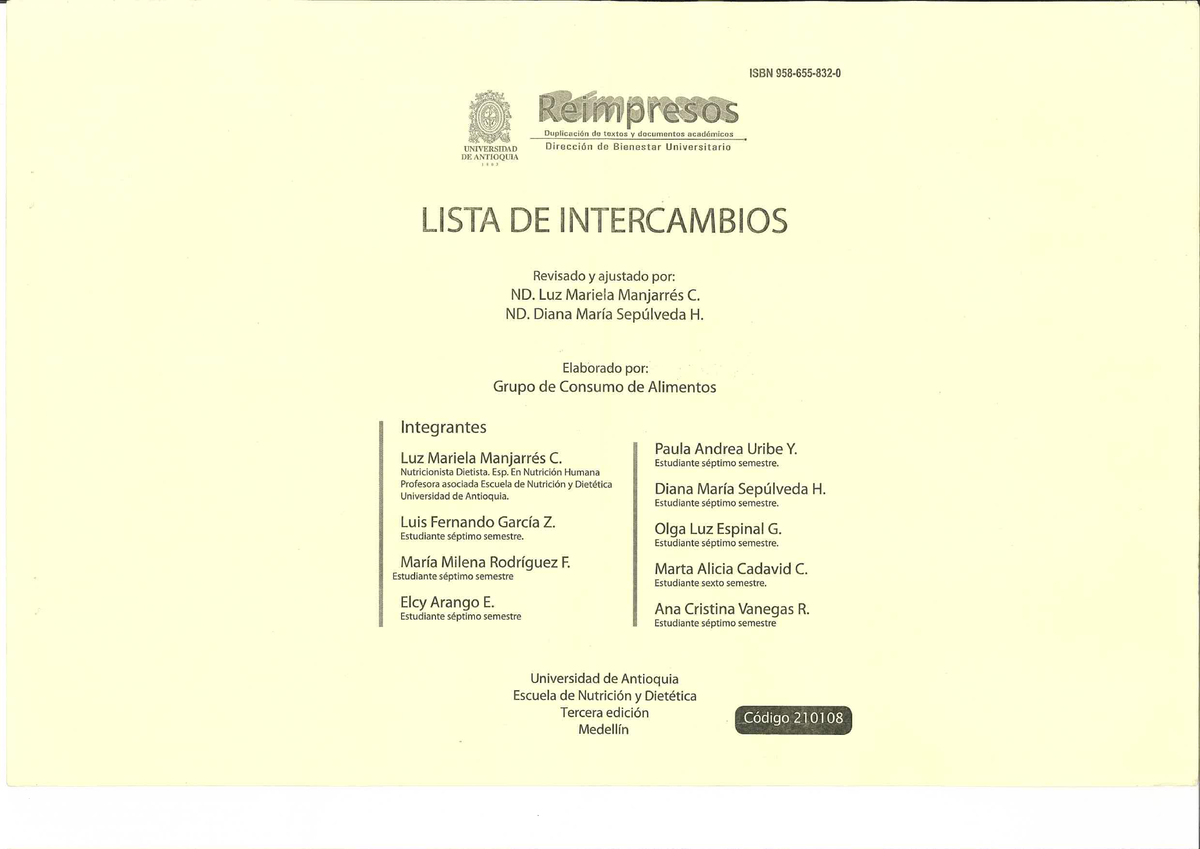 Lista De Intercambios De Alimentos Universidad De Antioquia