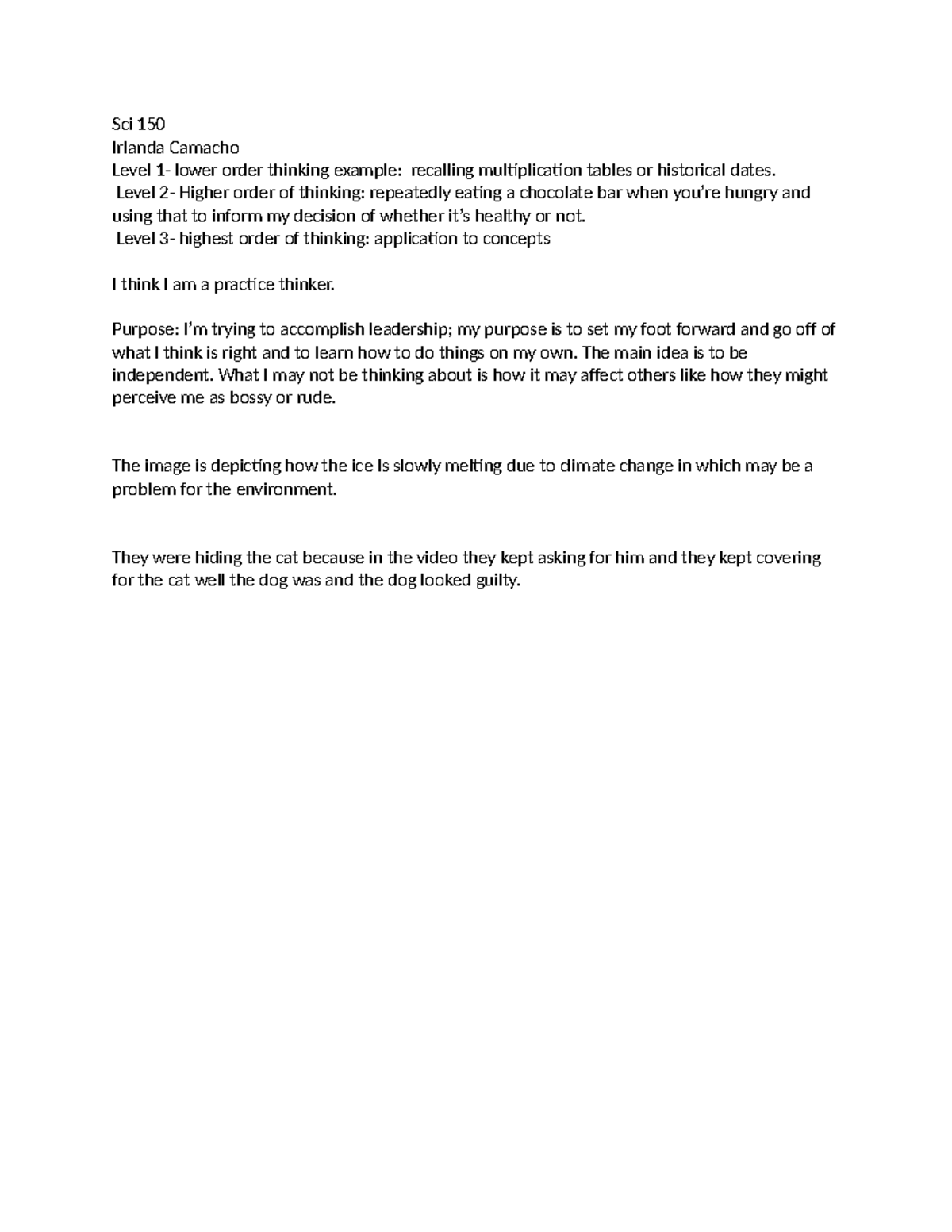 Sci 150 participiation Sci 150 Irlanda Camacho Level 1 lower order