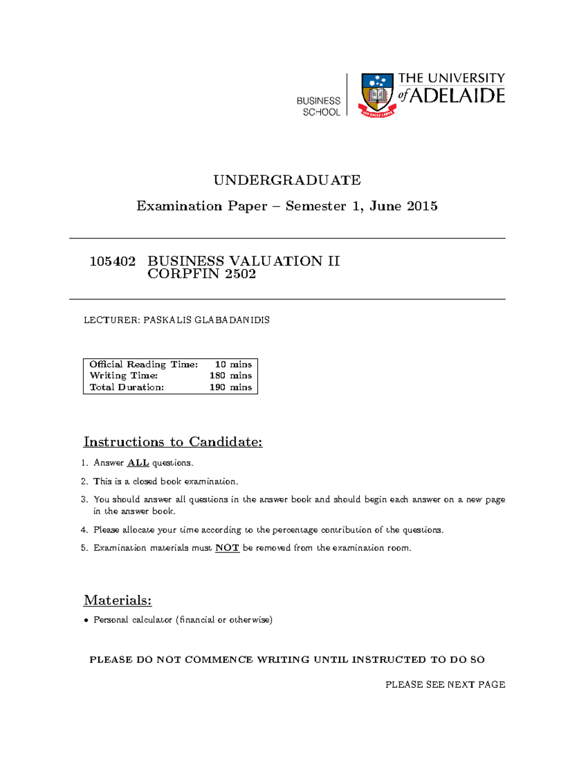 Sample Practice Exam 2015 Questions And Answers Undergraduate Examination Paper Semester 1 June Studocu