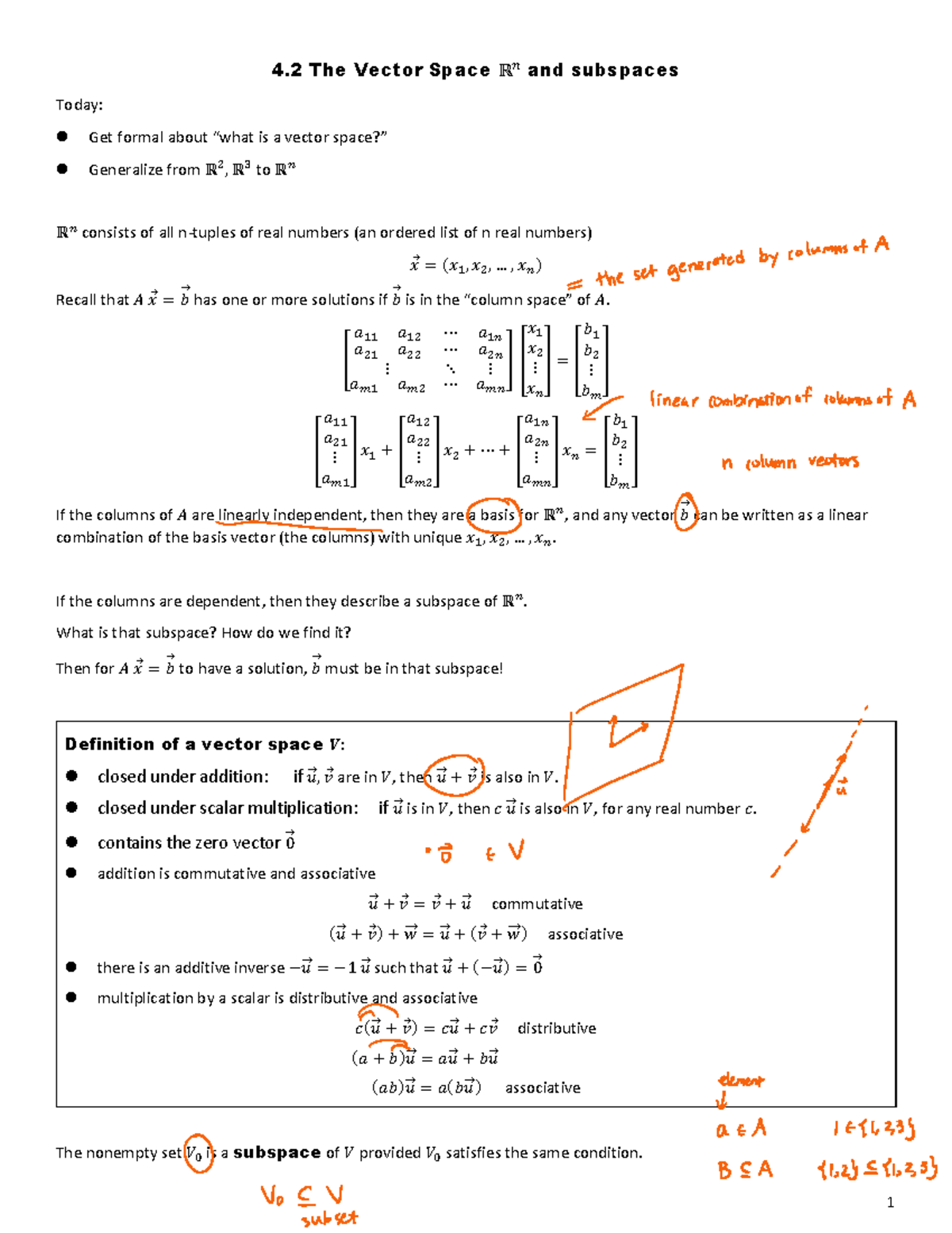 4.2, 4 - Chapter 4.2-4.3 Review - 4 The Vector Space ℝĀ and subspaces ...