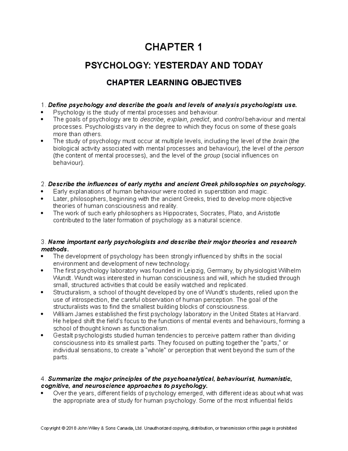 Psyc Chapter 1 - PSYCHOLOGY: YESTERDAY AND TODAY Test Bank - CHAPTER 1 ...