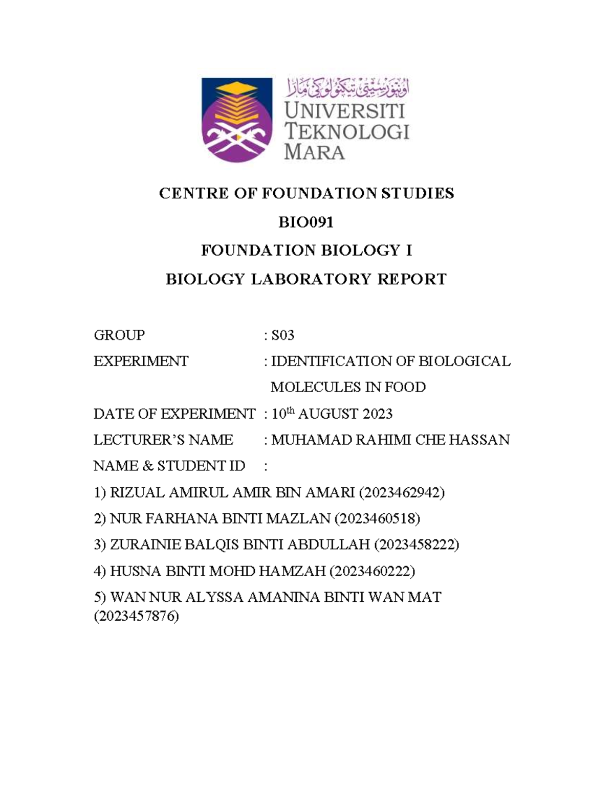 Biology LAB Report - CENTRE OF FOUNDATION STUDIES BIO FOUNDATION ...