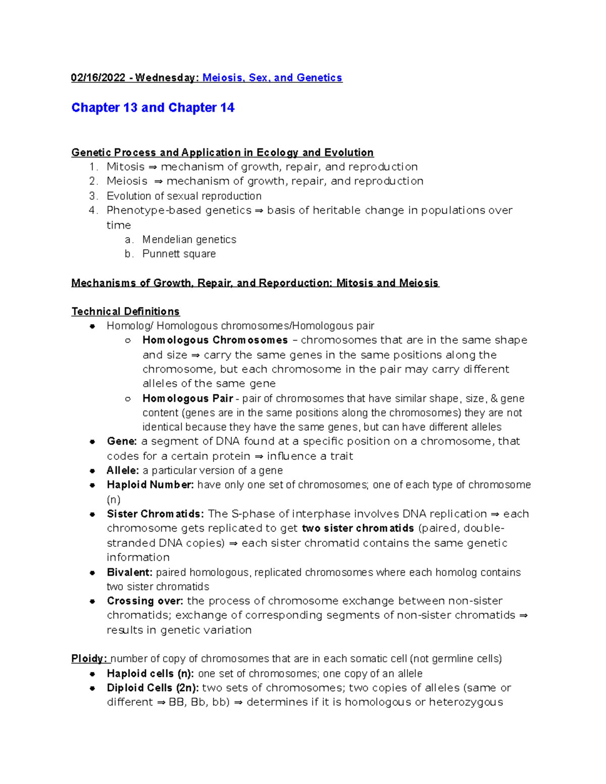 M2 Genetics and Inheritence Chapter 13 14 - 02/16/2022 - Wednesday ...