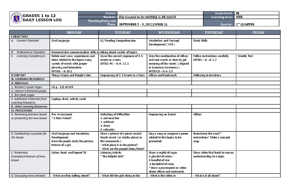 DLL MTB 3 Q1 W3 - dasdasdafasa - GRADES 1 to 12 DAILY LESSON LOG School ...