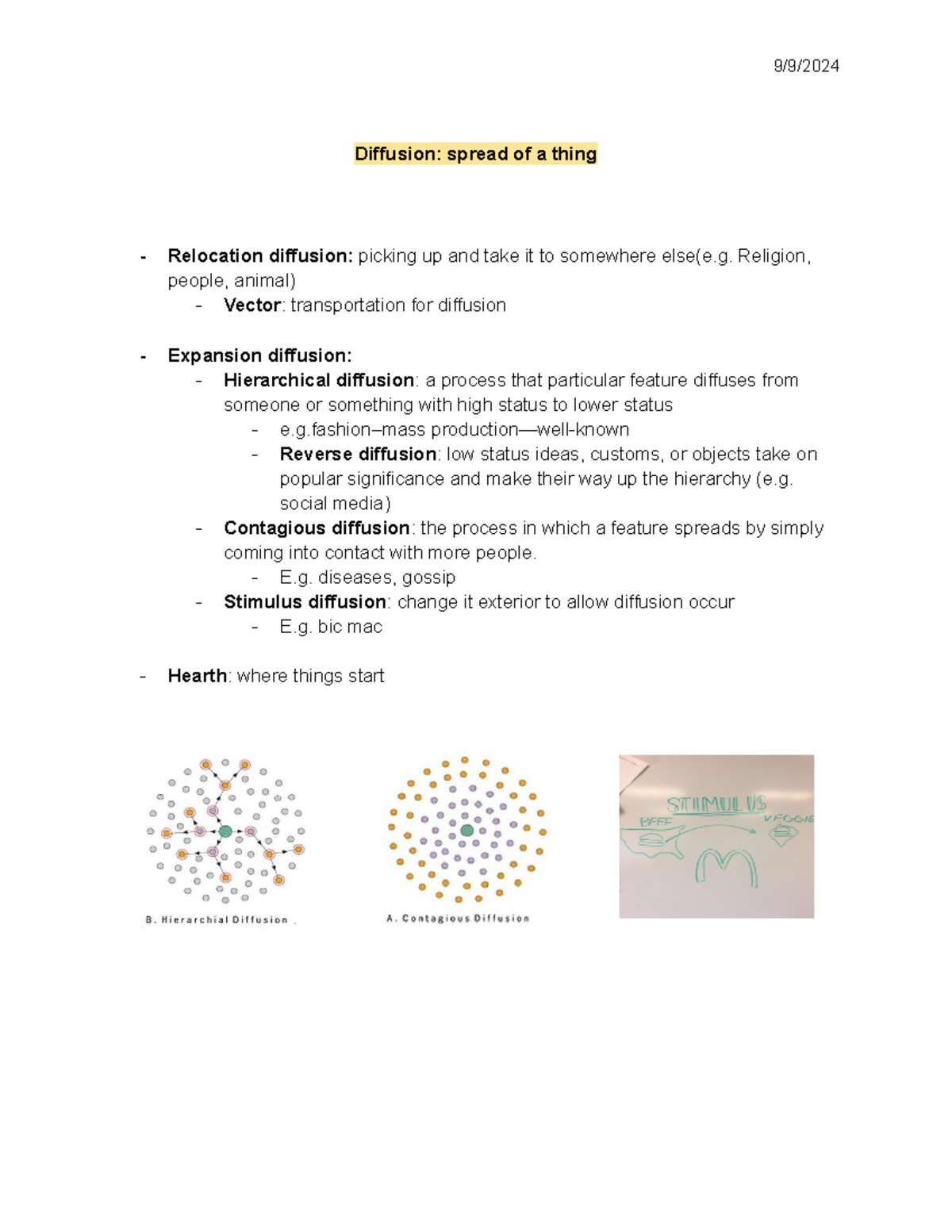 Ap human geo Diffusion note - 9/9/ Diffusion: spread of a thing ...