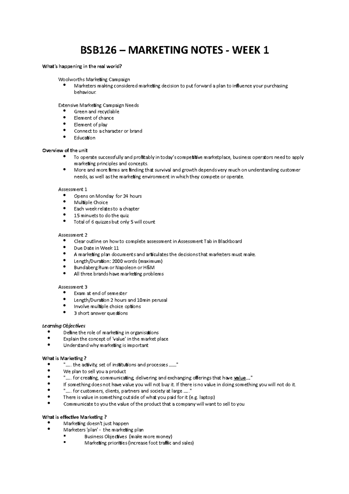 BSB126 - Marketing Notes - WEEK 1 - BSB126 – MARKETING NOTES - WEEK 1 ...