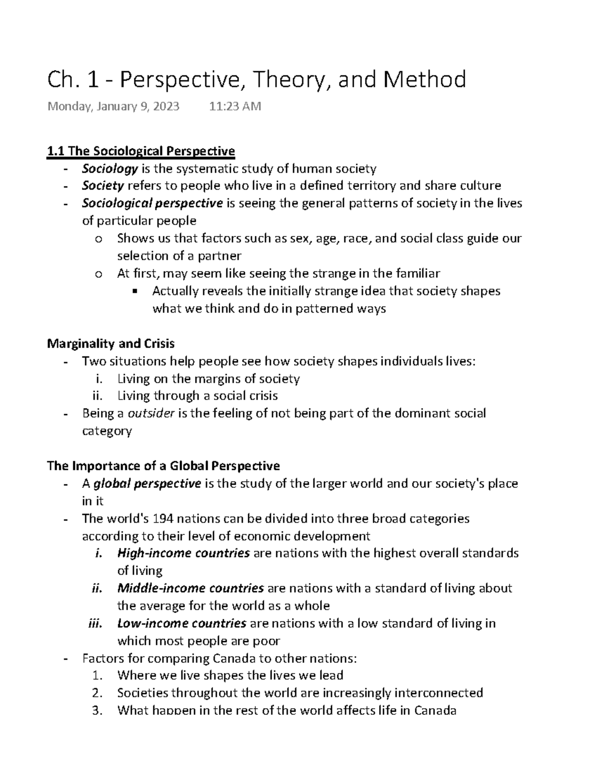 SLGY 1101 - Ch.1 - Chapter 1 Notes - 1 The Sociological Perspective ...