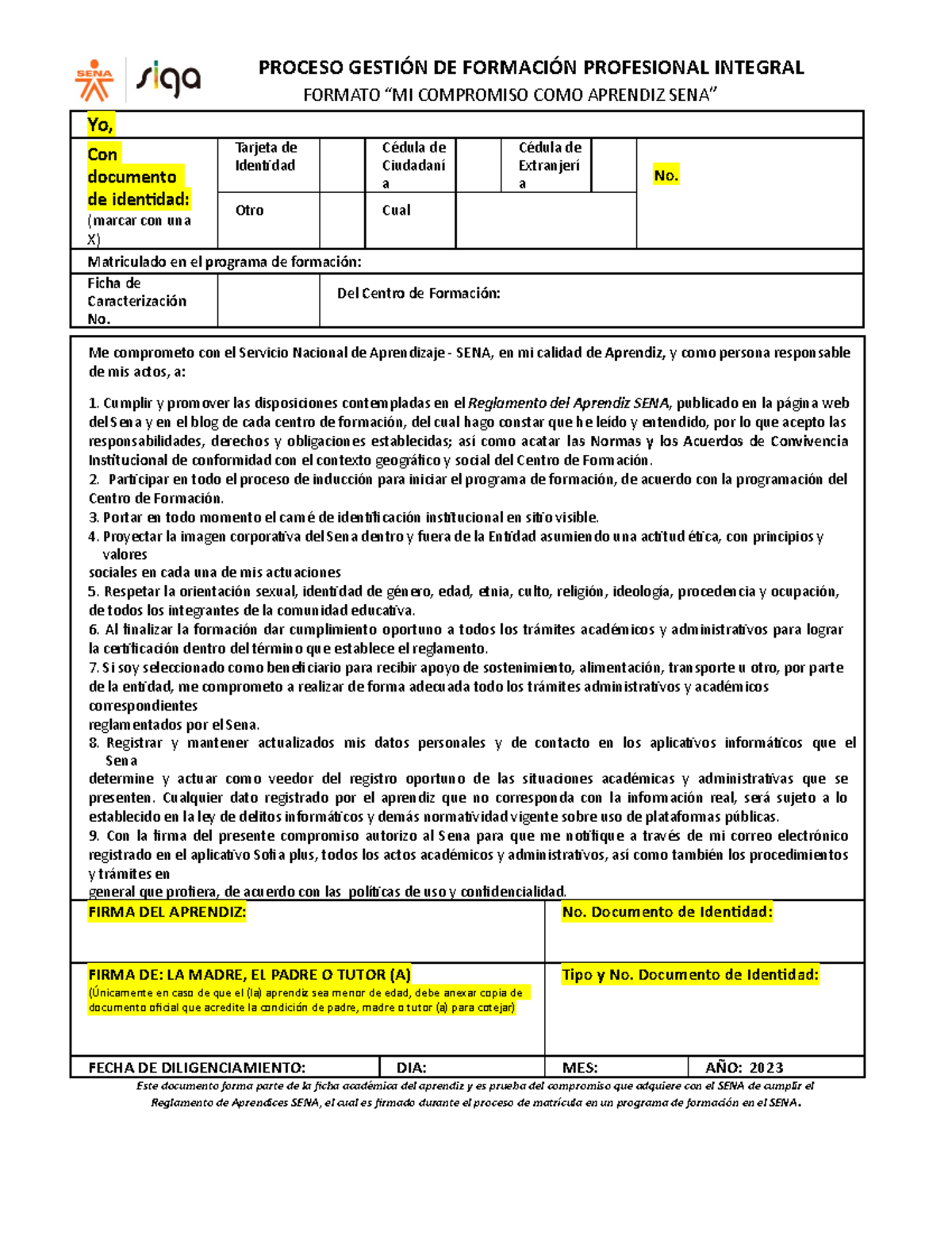 1 GFPI-F-015 Formato Compromiso Del Aprendiz V2 - PROCESO GESTIÓN DE ...