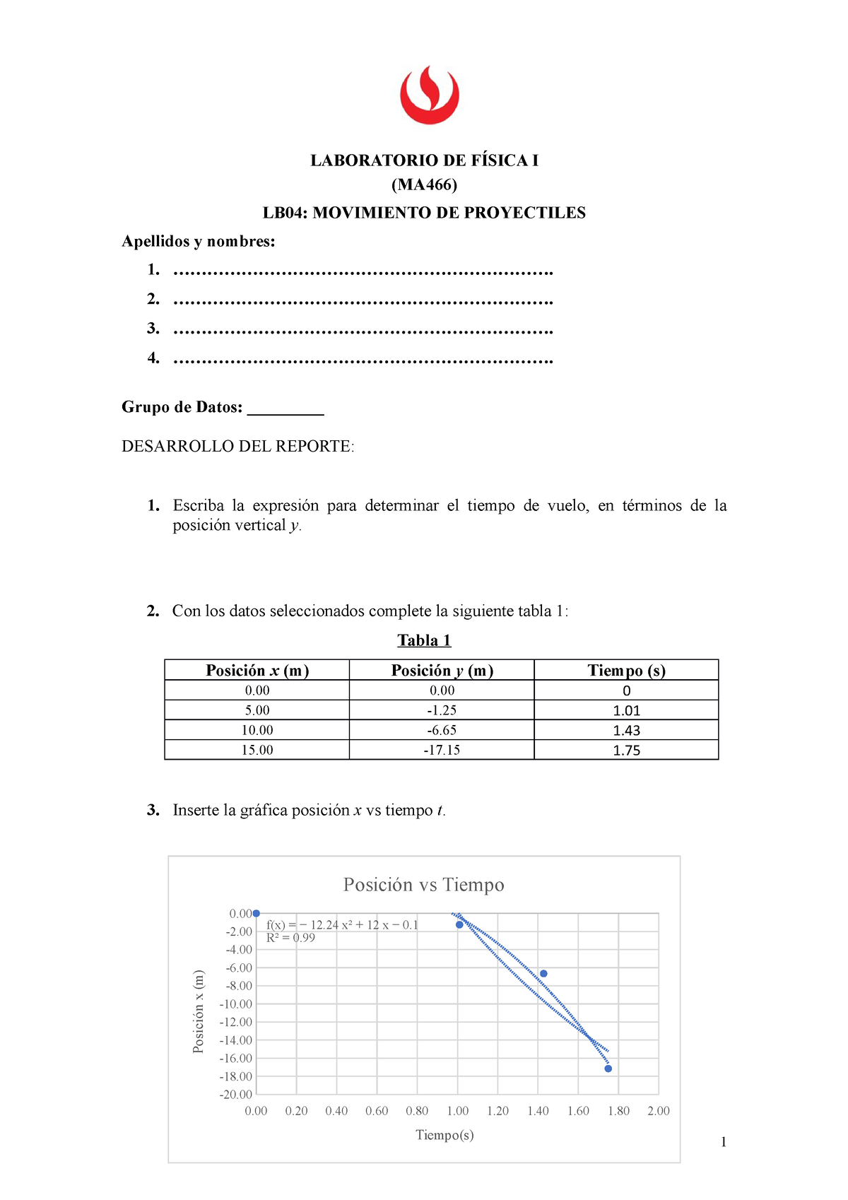 Reporte Del Laboratorio Lb04 Mov Proyectil De Física I Laboratorio De