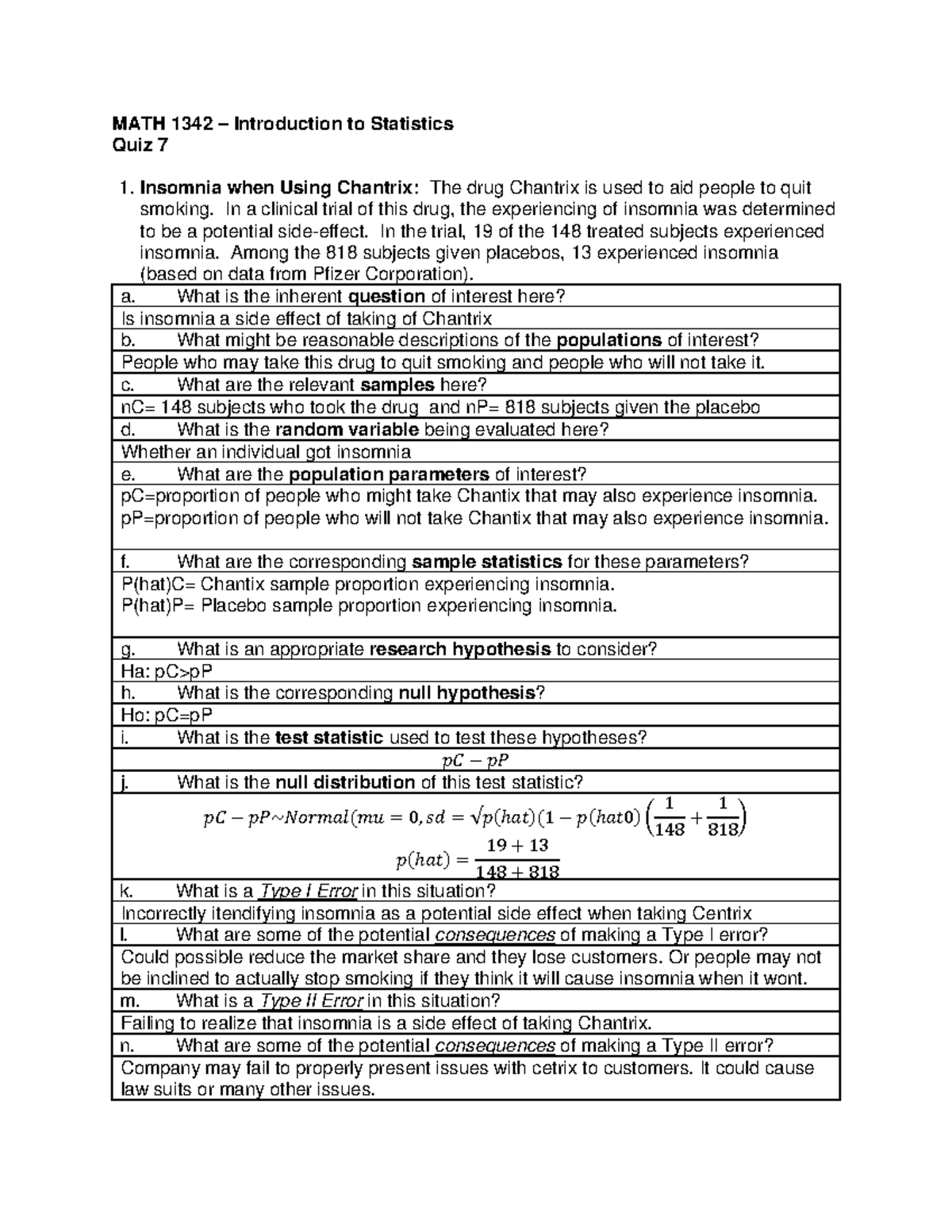 MATH 1342 - Quiz 7 - professor Henderson - MATH 1342 Introduction to ...