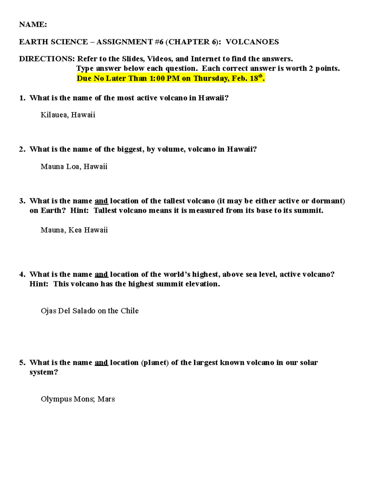 Chapter 6 Assignment (Volcanoes) - NAME: EARTH SCIENCE – ASSIGNMENT #6 ...