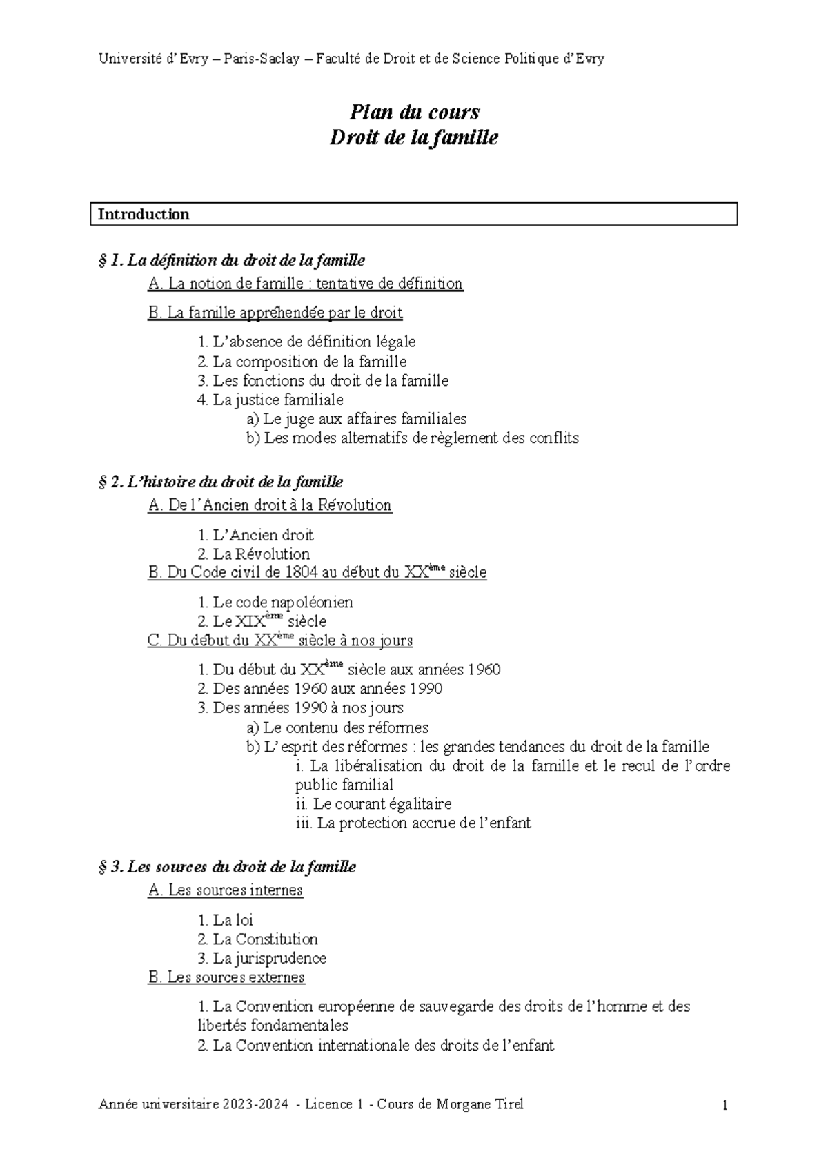 Plan CM famille 2023-2024 - Plan du cours Droit de la famille ...