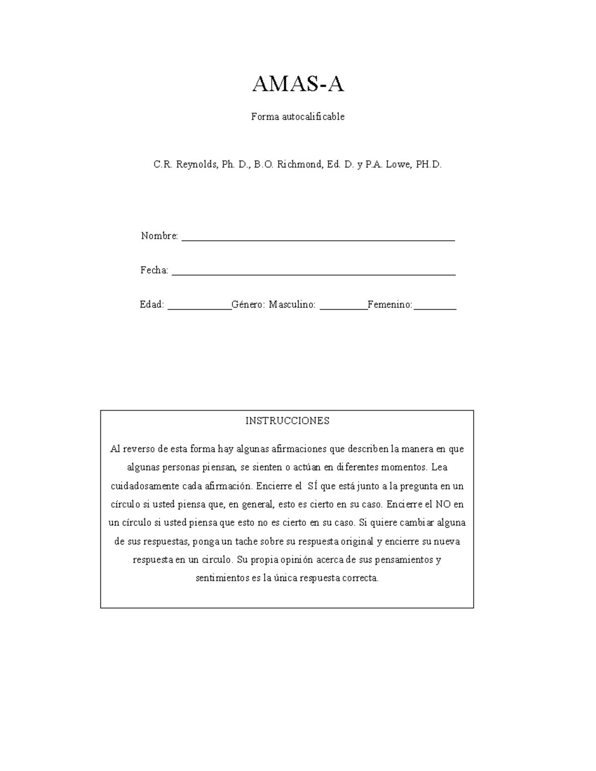 Test para la evaluación de ansiedad -AMAS-A - AMAS-A Forma ...