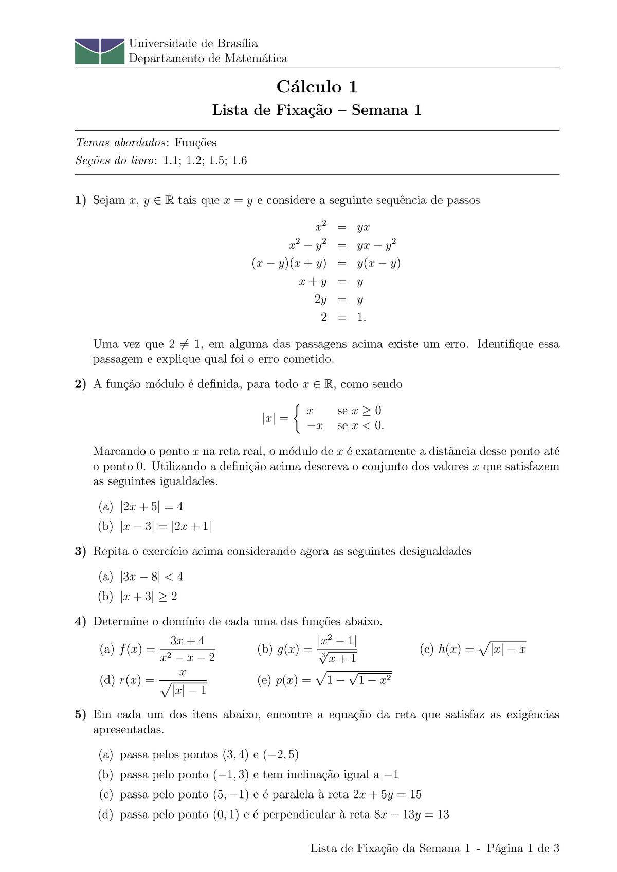 Fixação 1 - Lista De Exercicios - Limite - Universidade De Bras´ılia ...