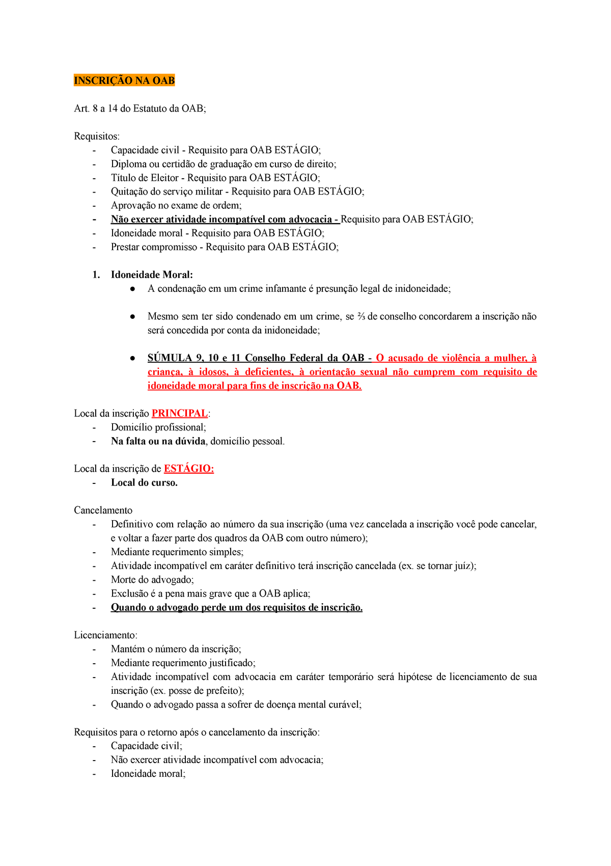 OAB - Ética E Estatuto Da OAB - INSCRIÇÃO NA OAB Art. 8 A 14 Do ...