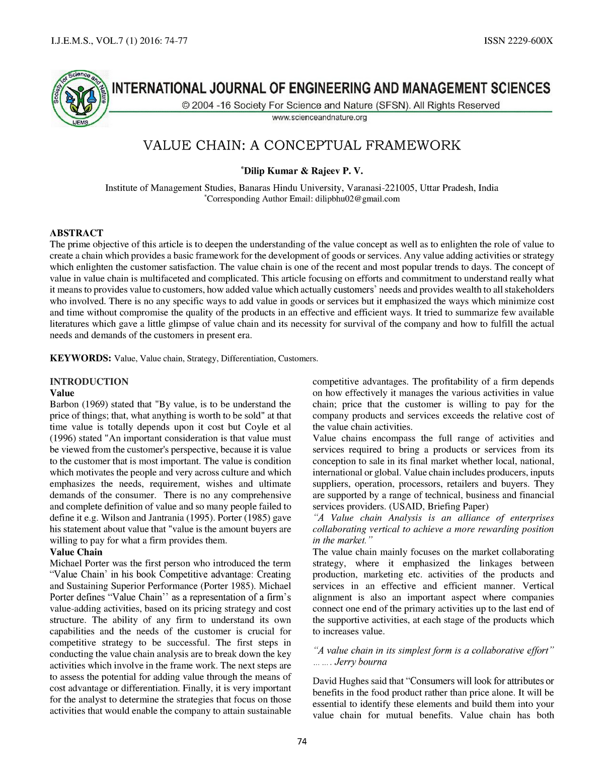 value chain analysis conceptual framework - I.J.E.M., VOL (1) 2016: 74 ...