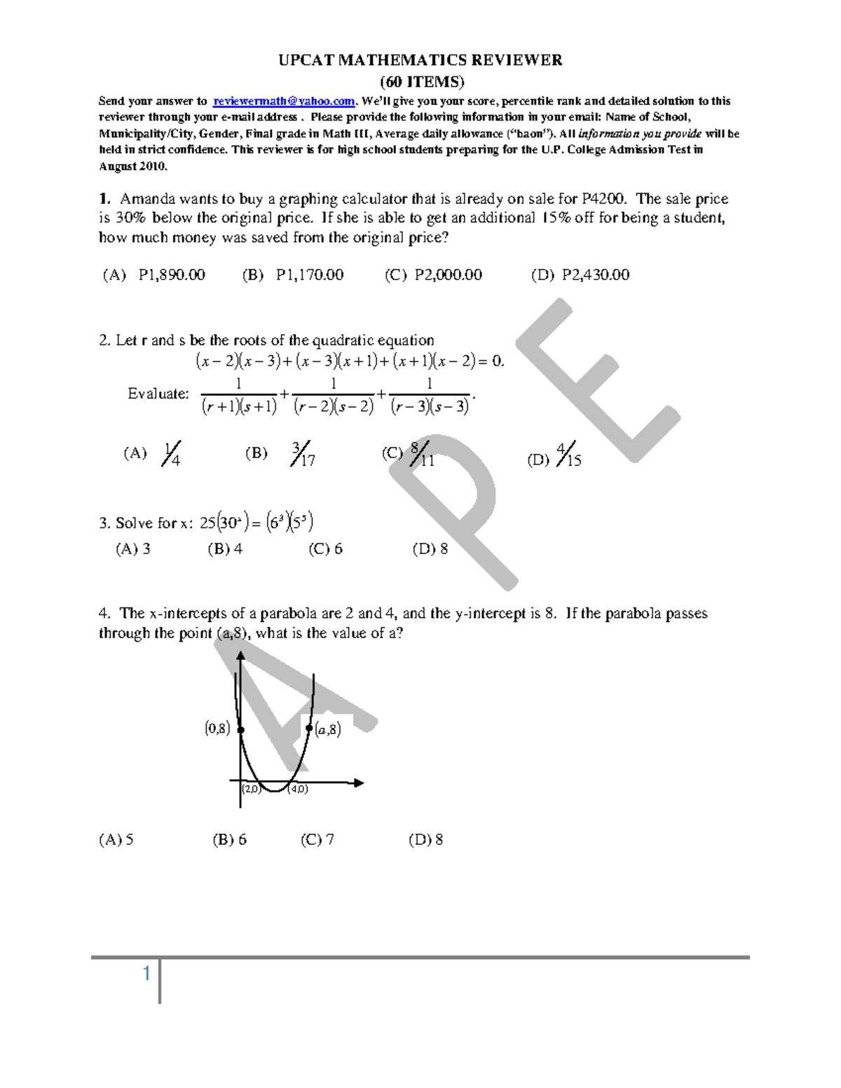math quiz 1 i what its about (60 ITEMS) Send your answer to