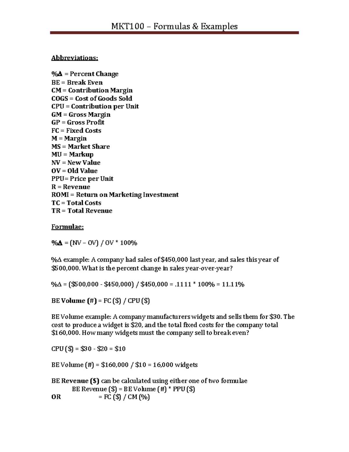 Formulas & Examples - MKT100 – Formulas & Examples Abbreviations: %Δ ...
