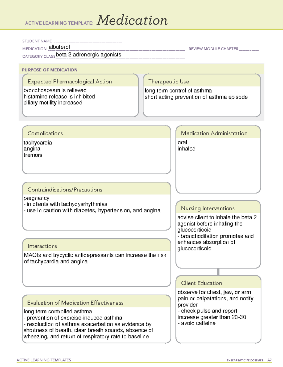 Albuterol - ati - ACTIVE LEARNING TEMPLATES TherapeuTic procedure A ...