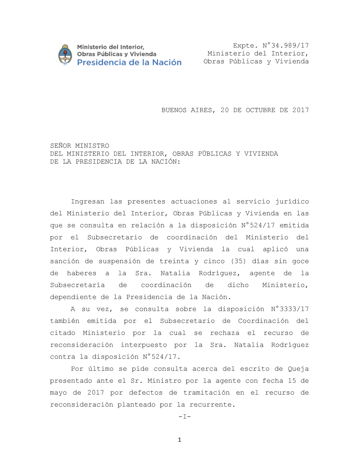 MODELO DE DICTAMEN, DERECHO ADMINISTRATIVO - Expte. N°34/17 Ministerio del  Interior, Obras Públicas - Studocu