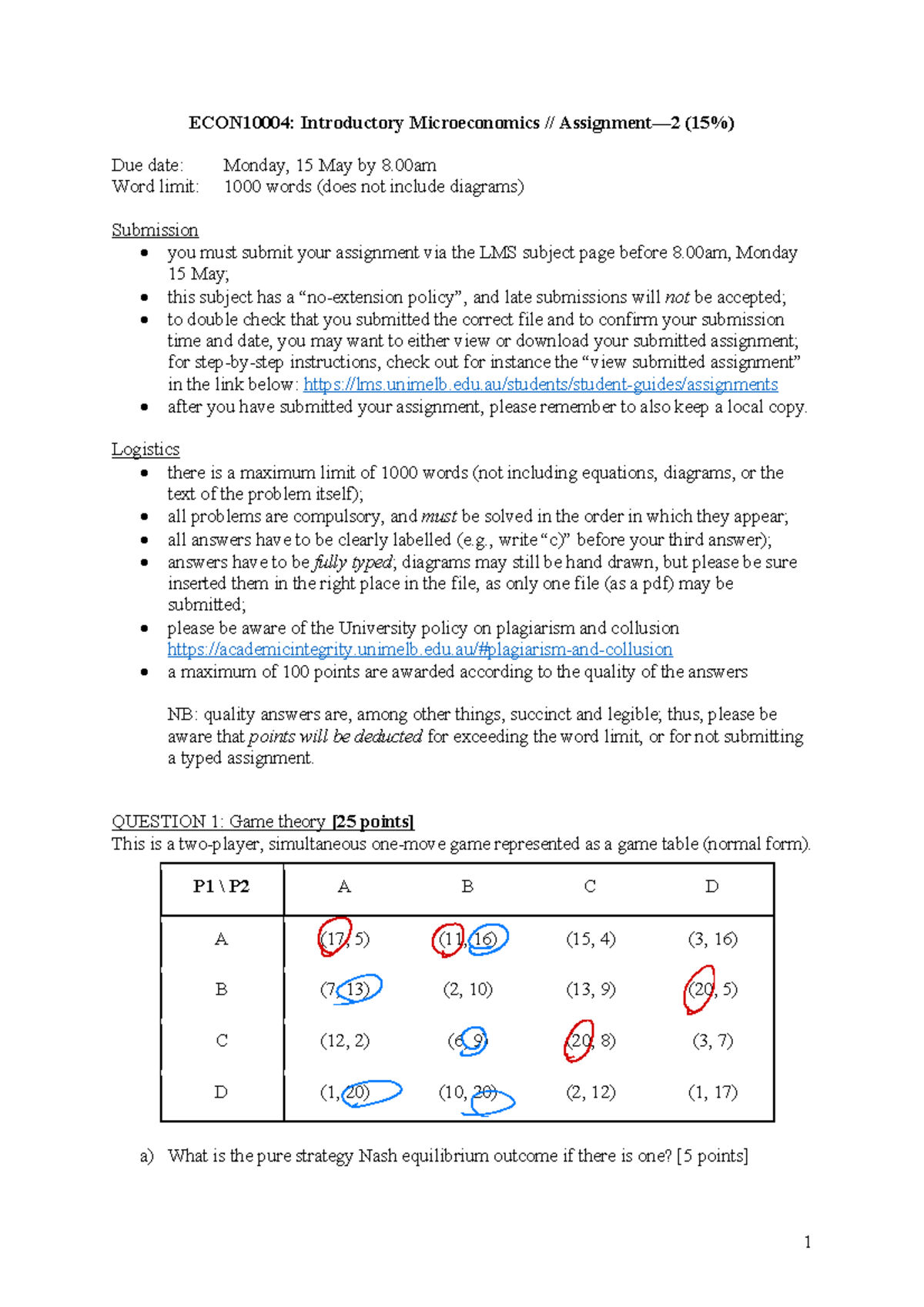 Introductory Microeconomics (ECON10004) Assignment 2 2023 - 1 ECON10004 ...