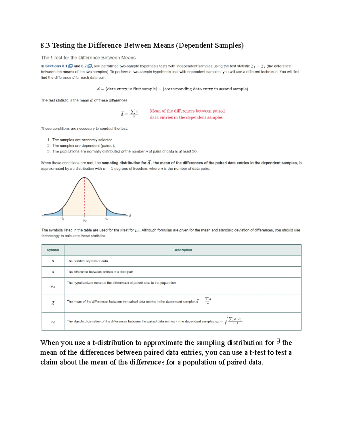 8.3 stats - notes - Math 216 - 8 Testing the Difference Between Means ...