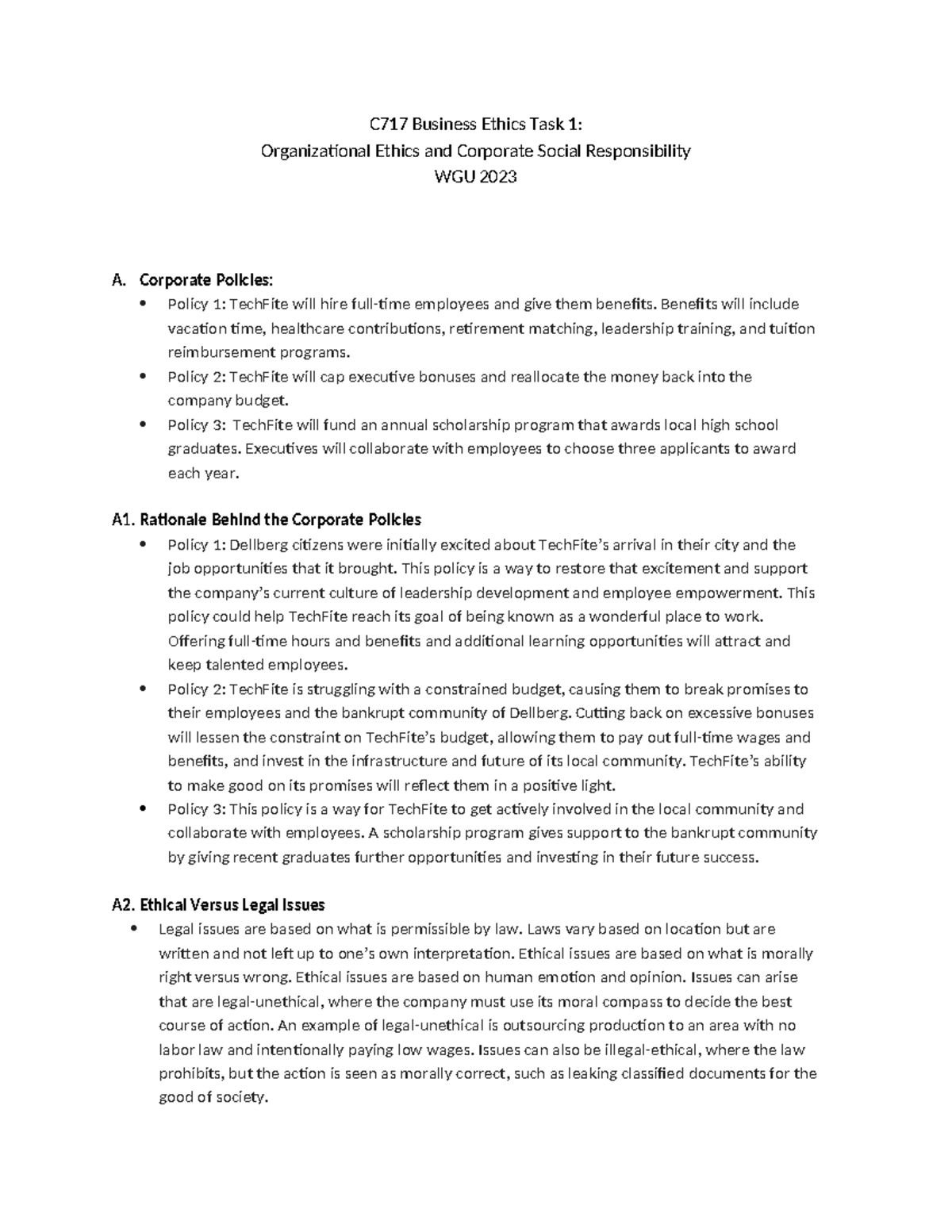 C717 Task 1 - Passed - C717 Business Ethics Task 1: Organizational ...