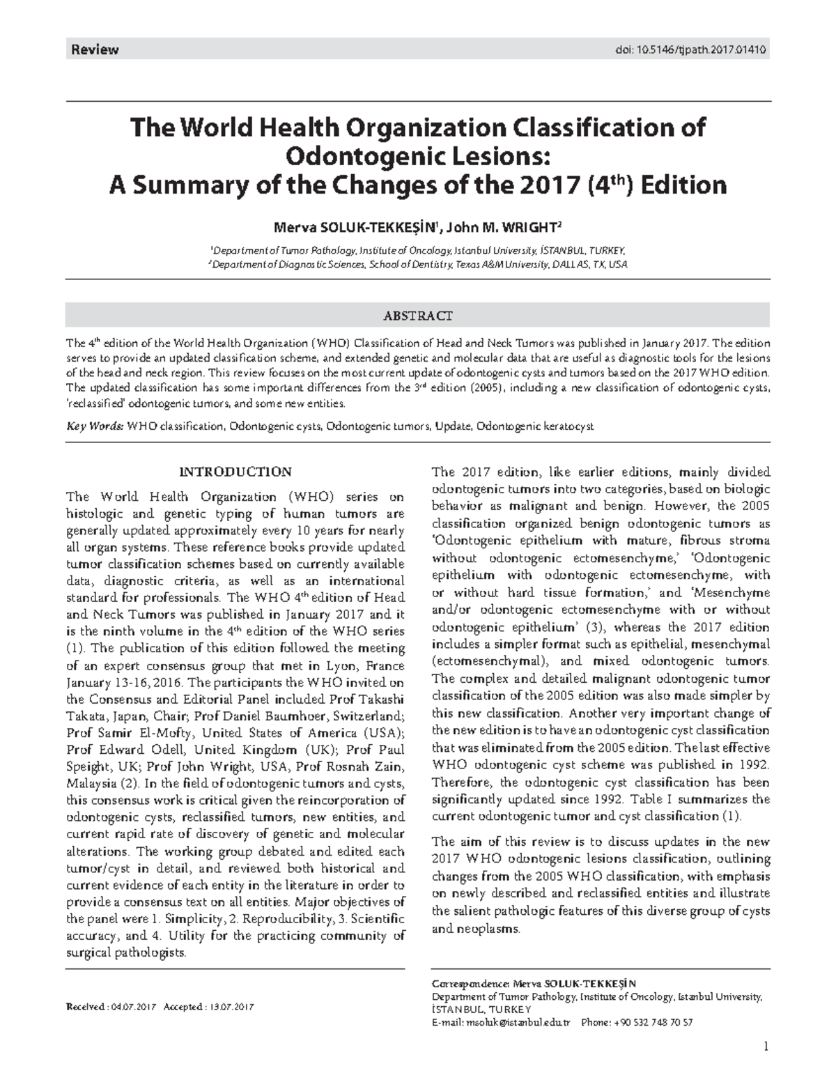 Review WHO - Odontogenic classification given by WHO 2017 - Review ...