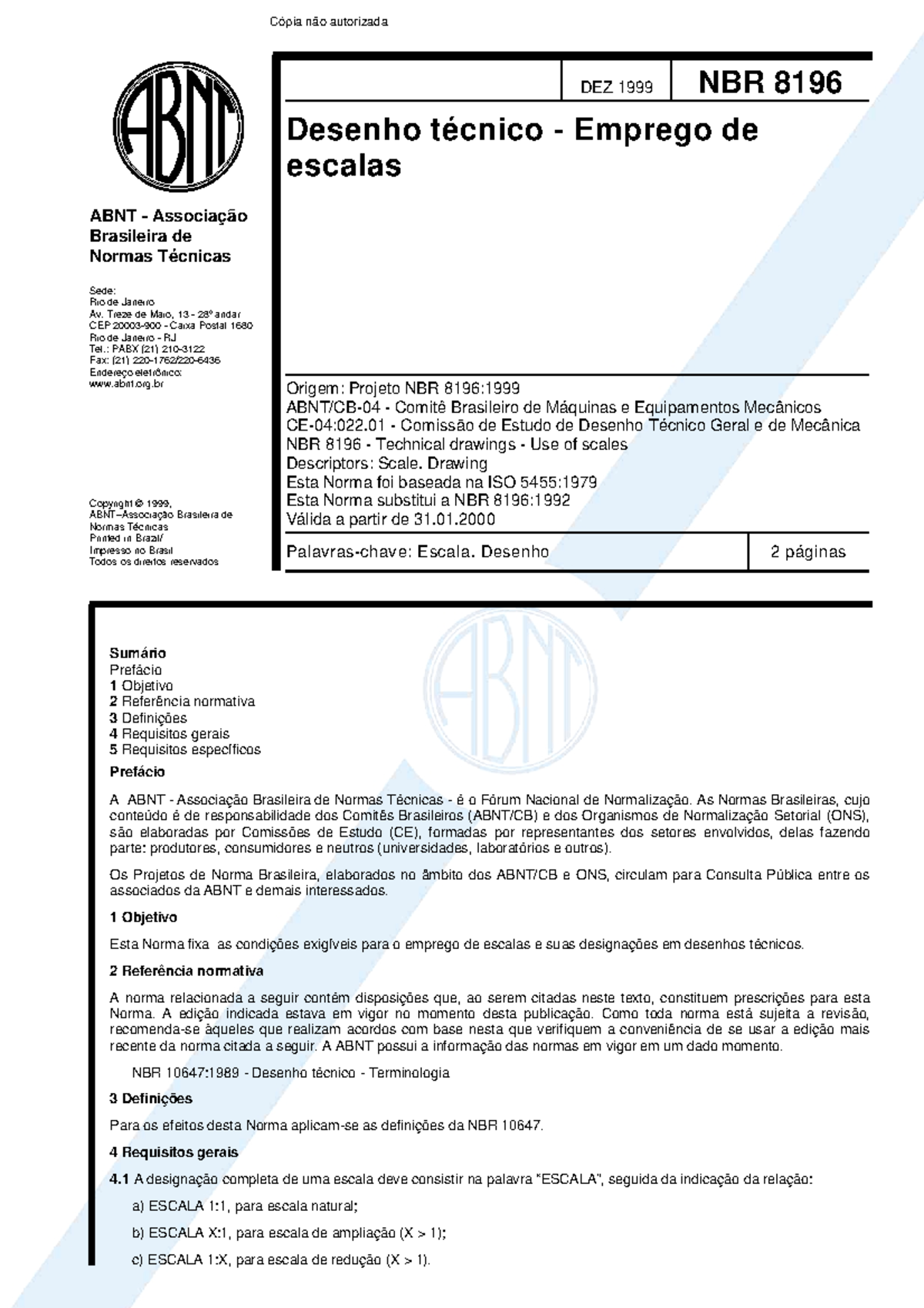 NBR 8196 - Emprego De Escalas - DEZ 1999 NBR 8196 Desenho Técnico ...