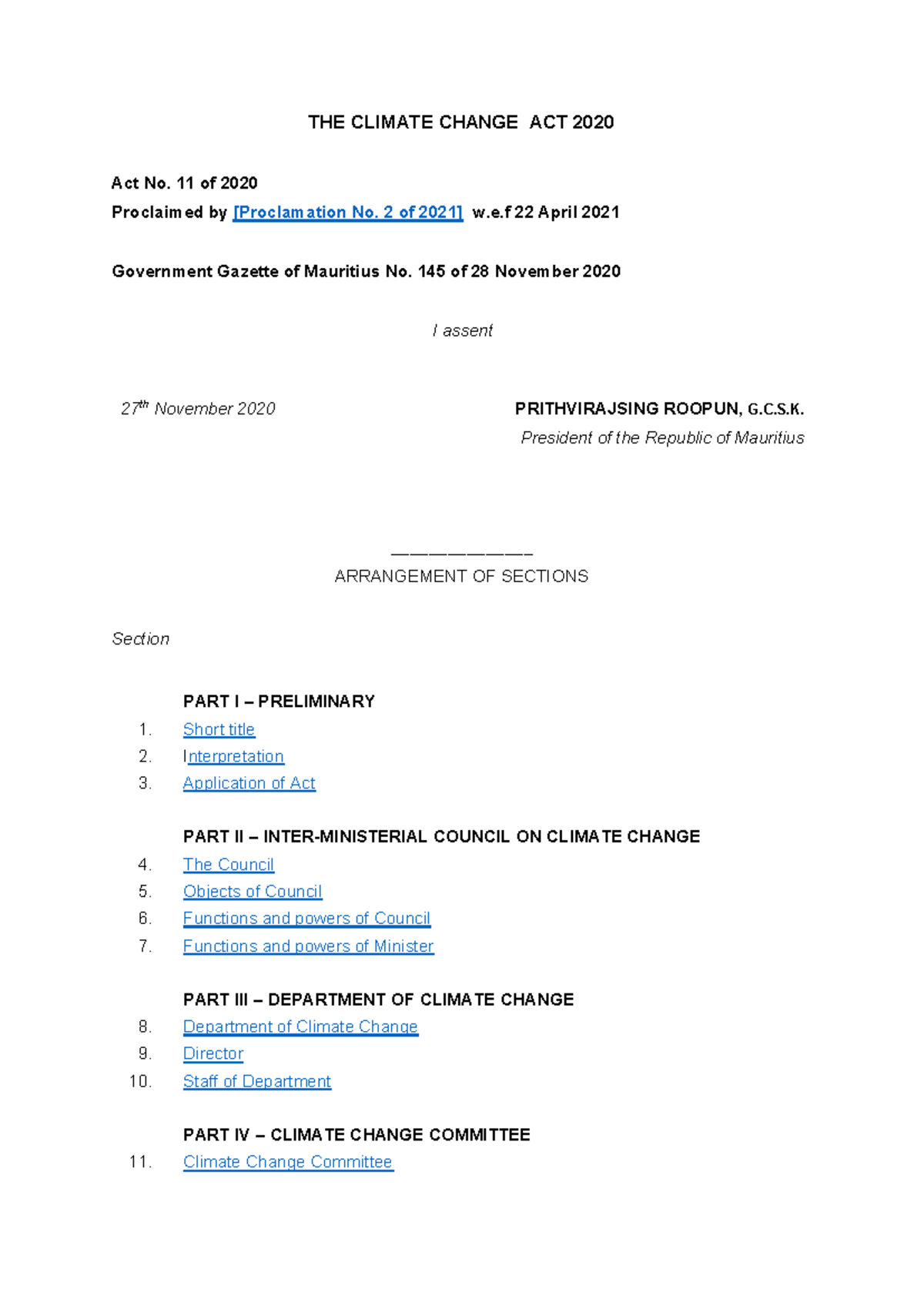 No 11 climate change act 2020 THE CLIMATE CHANGE ACT 2020 Act No. 11