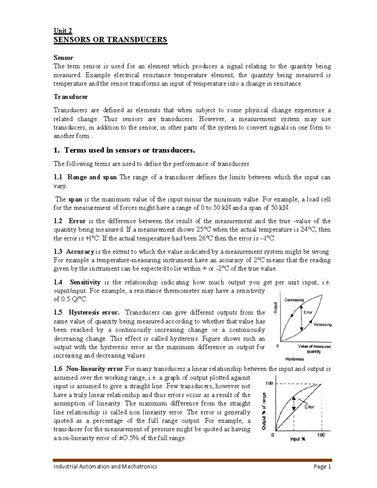 Mechatronics unit2 sensor notes Unit 2 SENSORS OR TRANSDUCERS Sensor
