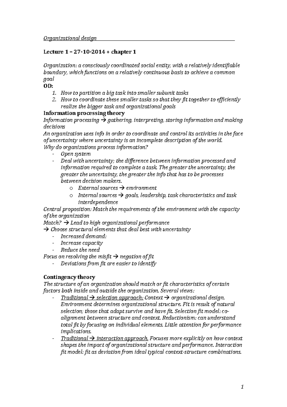 Organizational Design - Lecture notes Lecture 1 - 11 - Organizational ...