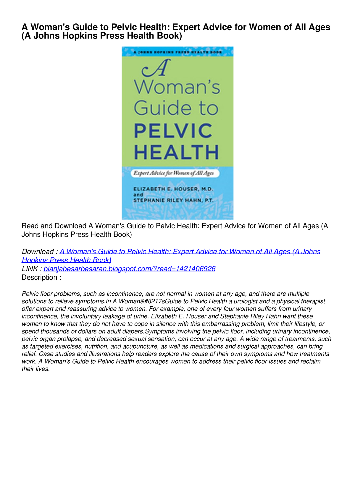 READ/DOWNLOAD A Woman's Guide To Pelvic Health: Expert Advice For Women ...