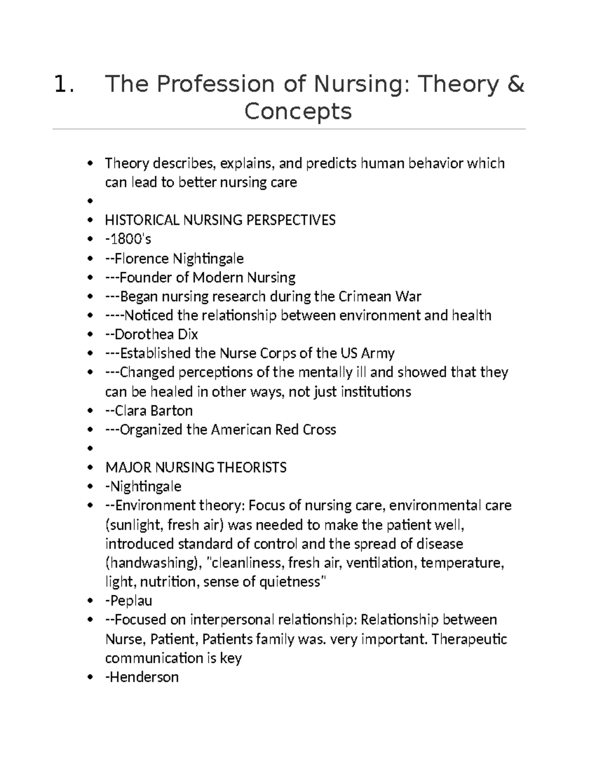 EXAM 1 Overview - N/A - 1. The Profession of Nursing: Theory & Concepts ...