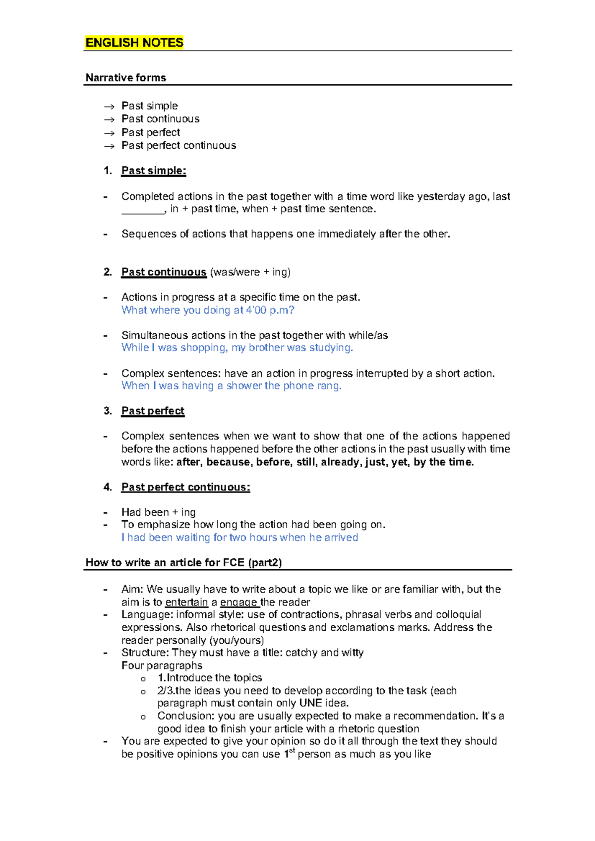 UNIT 4 Notes - Narrative forms ® Past simple ® Past continuous ® Past ...