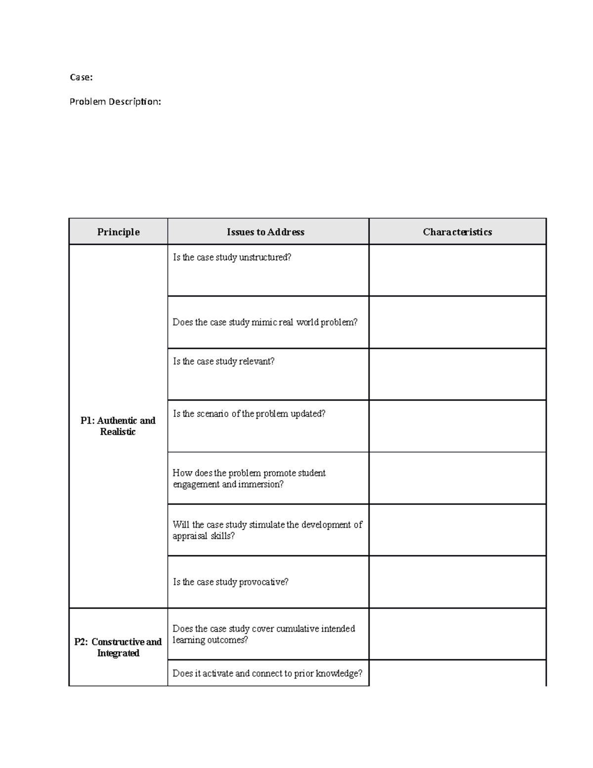 Checlist for problem crafting - Case: Problem Description: Principle ...