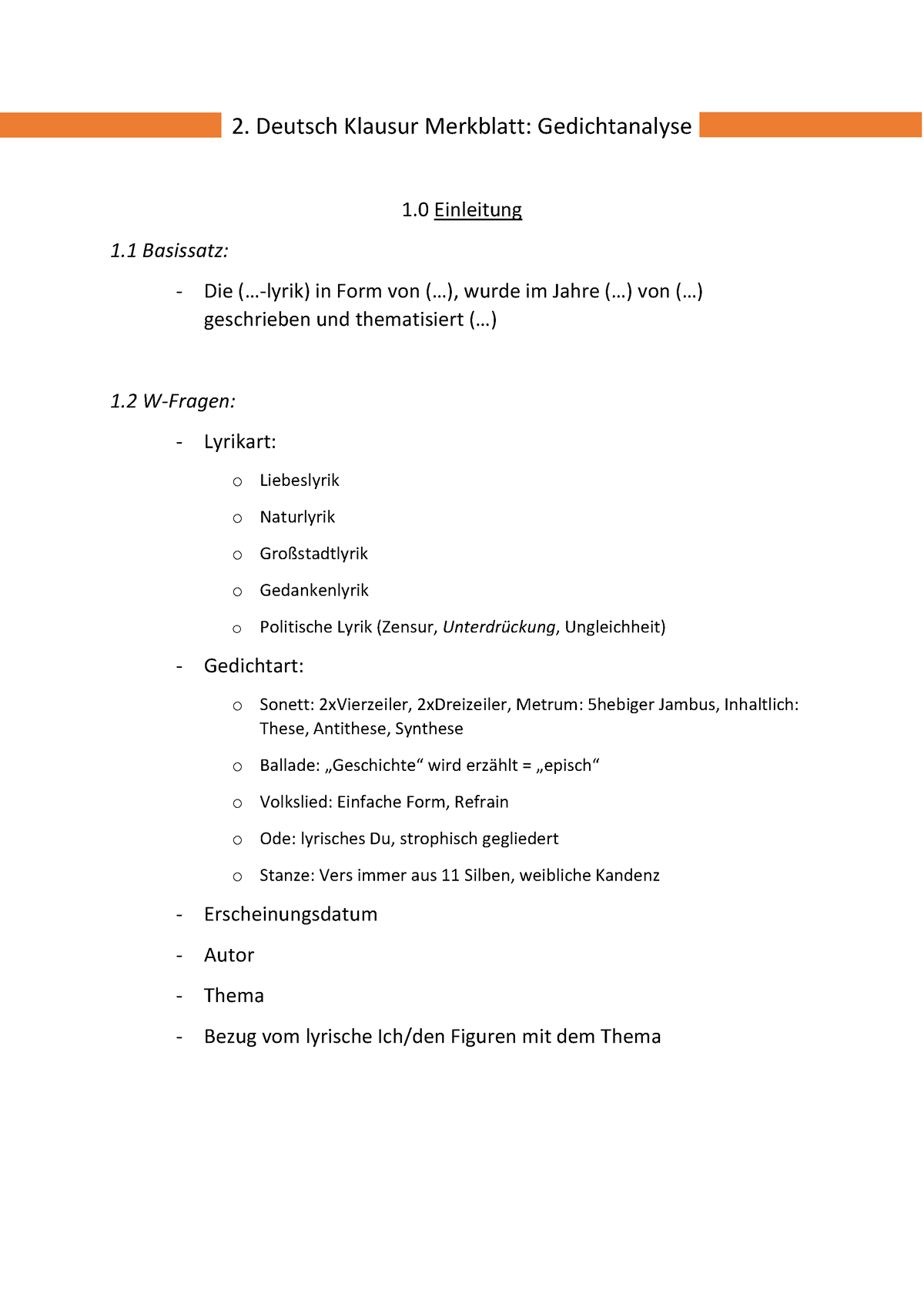 Gedichtanalyse - Zusammenfassung Eines Analyseschemas - 2. Deutsch ...