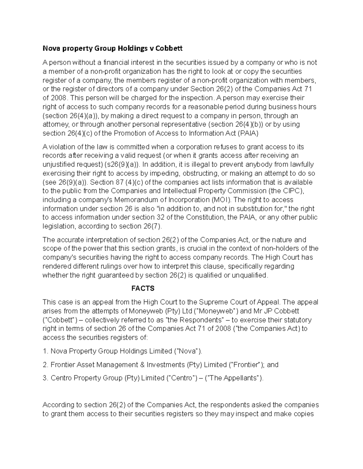 Case law summaries for company Nova property Group Holdings v Cobbet