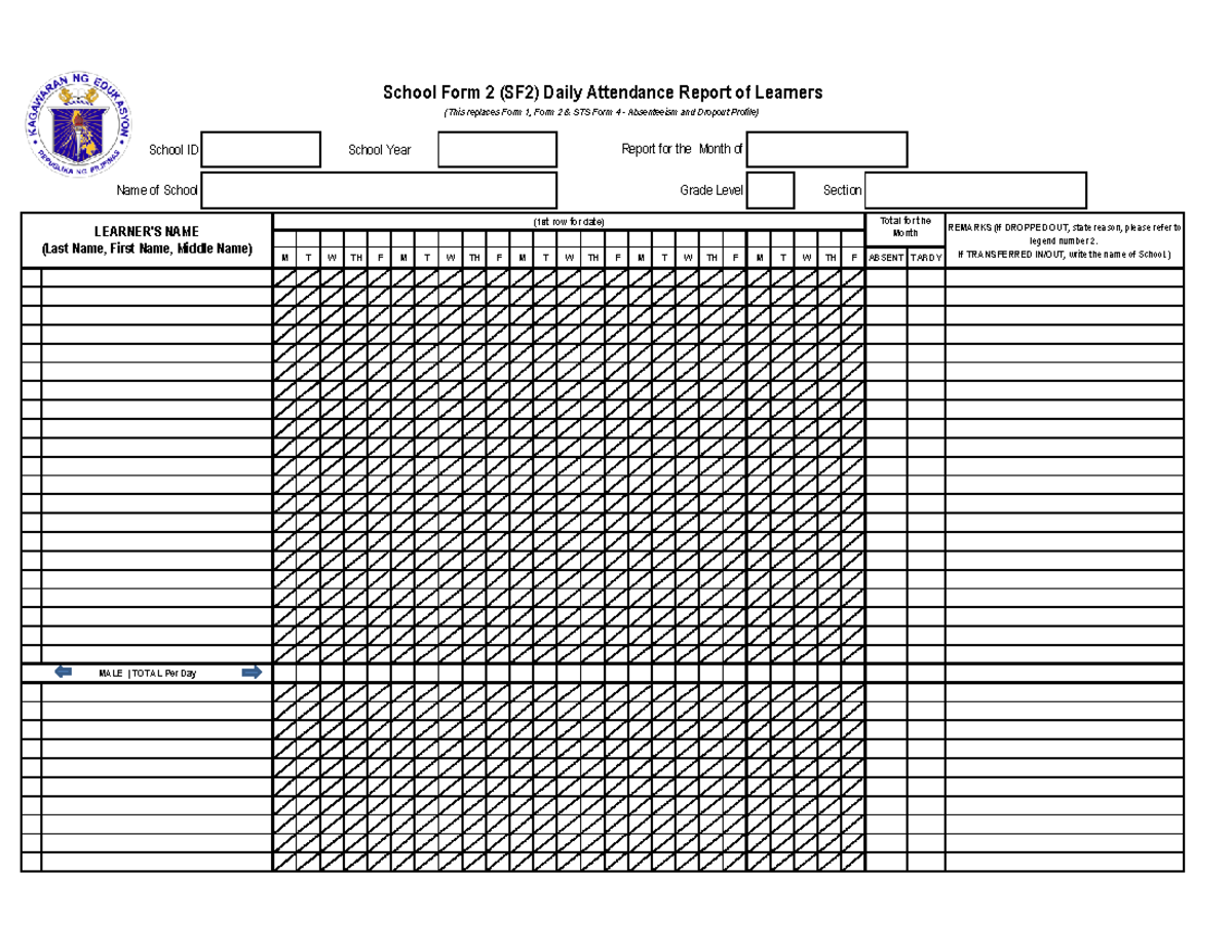 SF 2 Daily Attendance PDF Copy Of DEPED Forms School ID School 