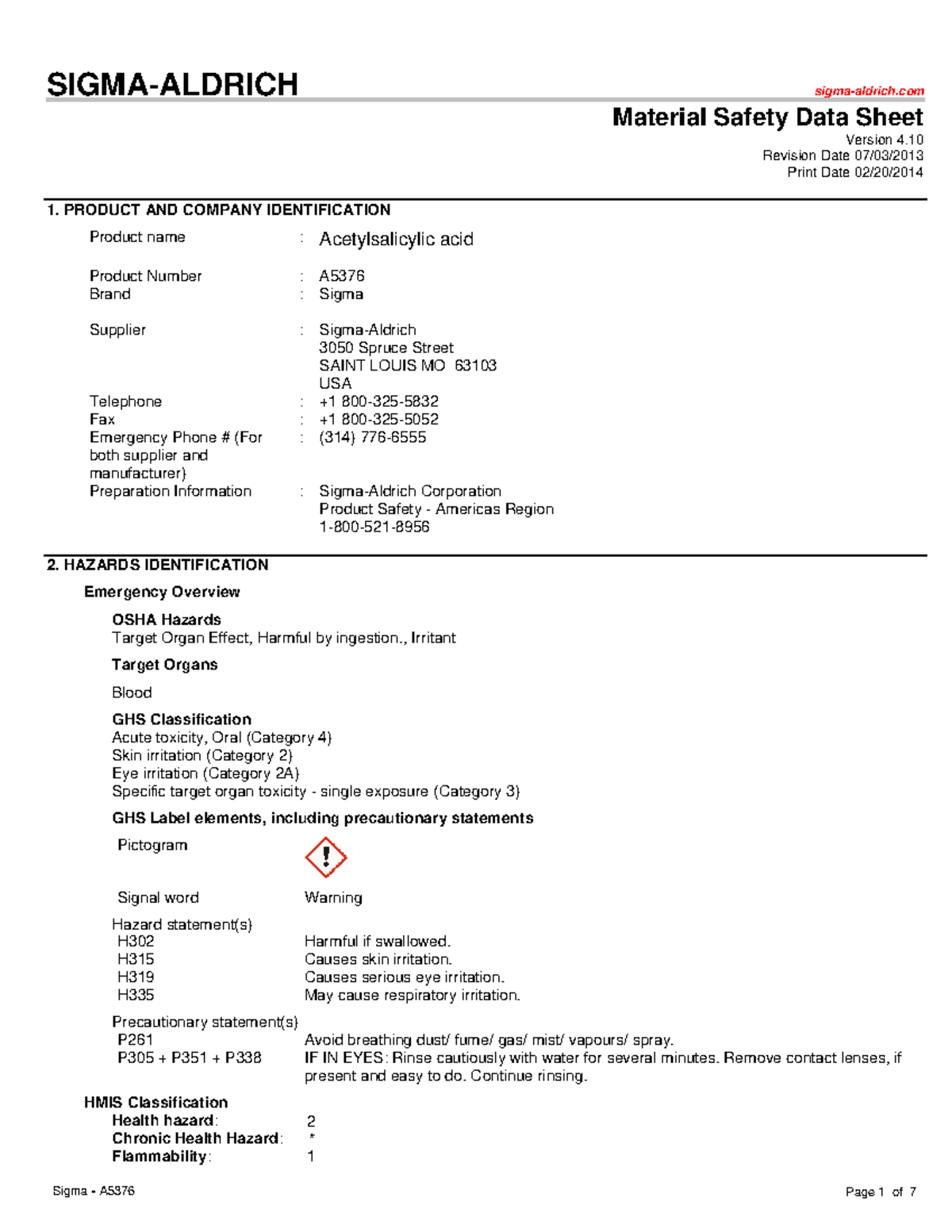 CHEM 2800 Acetylsalicylic acid SDS F2021 CHEM 2800L KSU Studocu