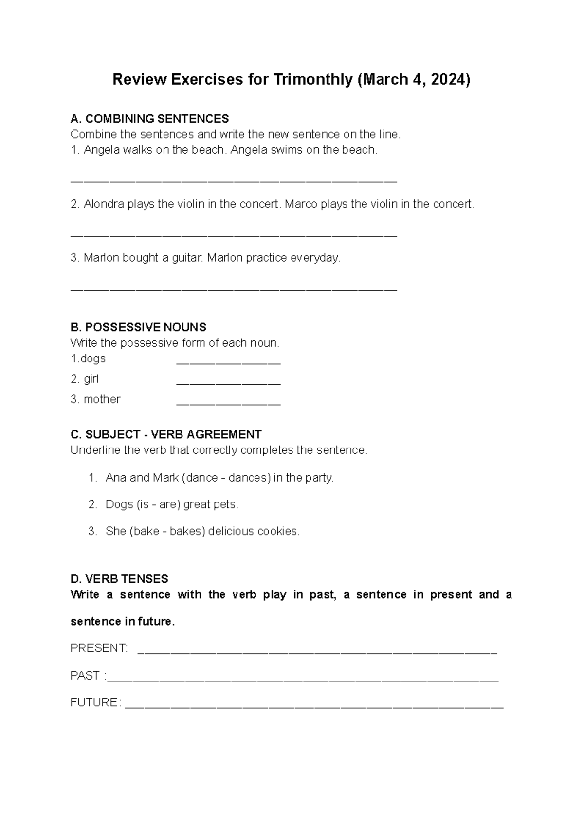 Homework - Review Exercises 2° Trimonthly - Review Exercises for ...