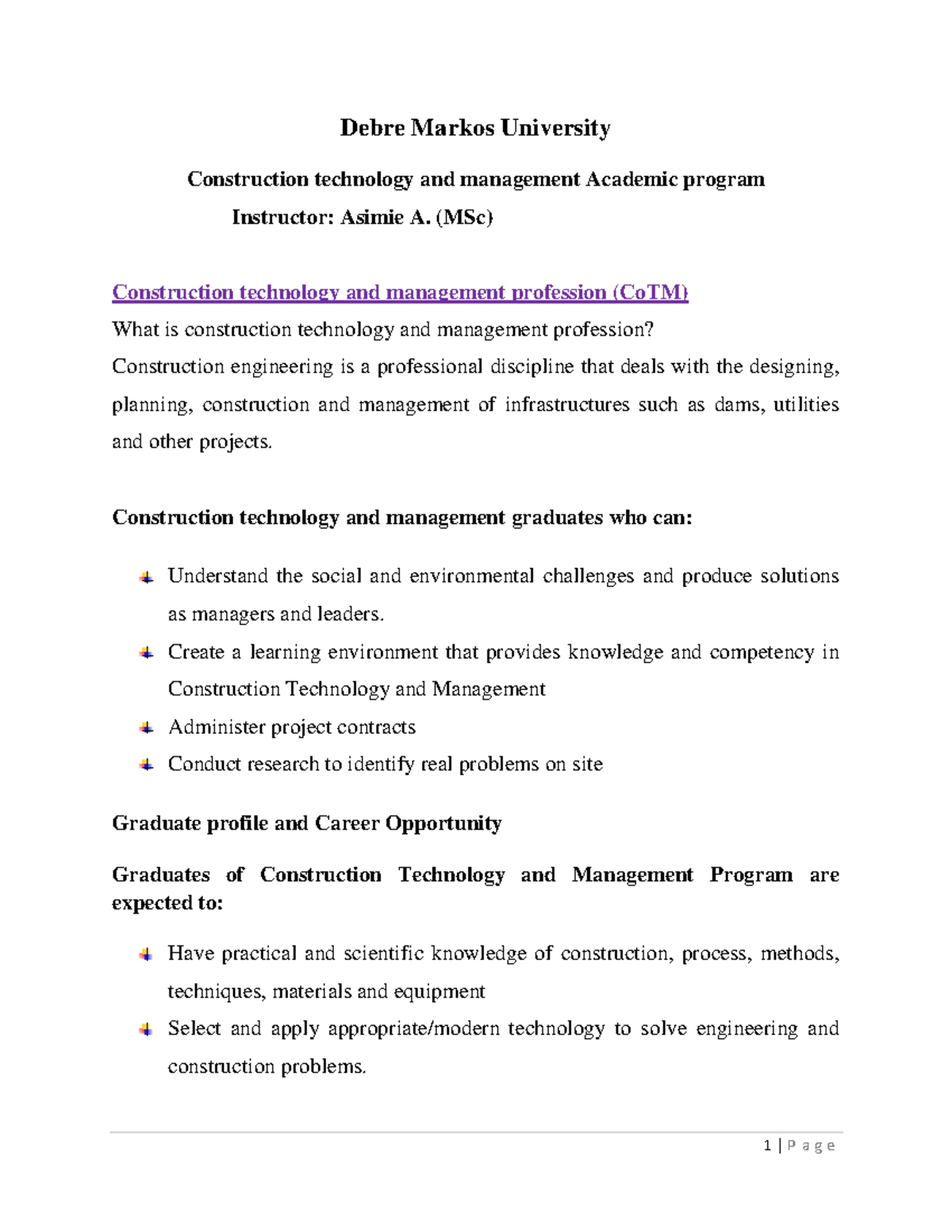 Cotm Profession 1 1 P A G E Debre Markos University Construction 
