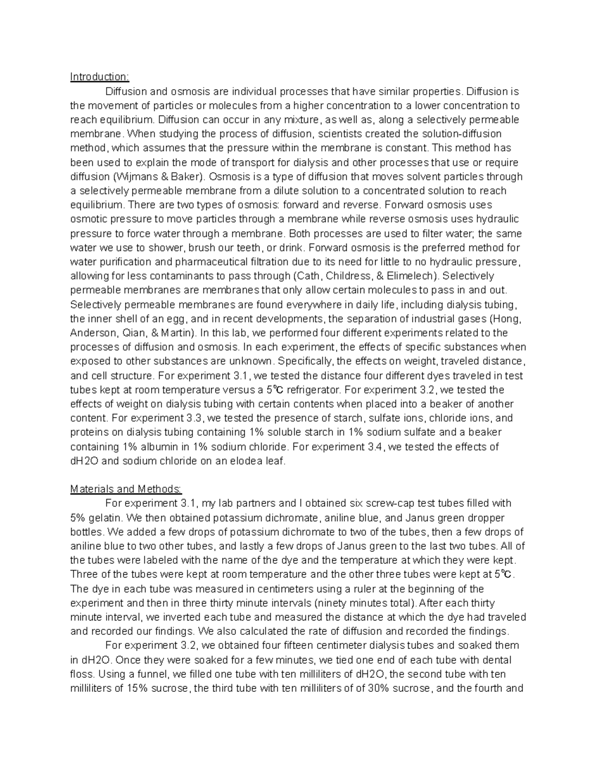 Lab Report 1 - Dr. Kraemer/Dr. Ng - Introduction: Diffusion and osmosis ...