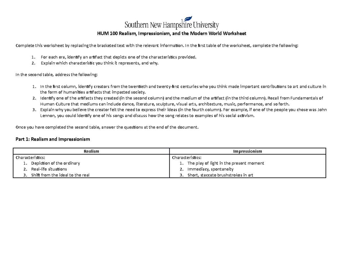 HUM 100 Realism Impressionism and the Modern World Worksheet - HUM 100