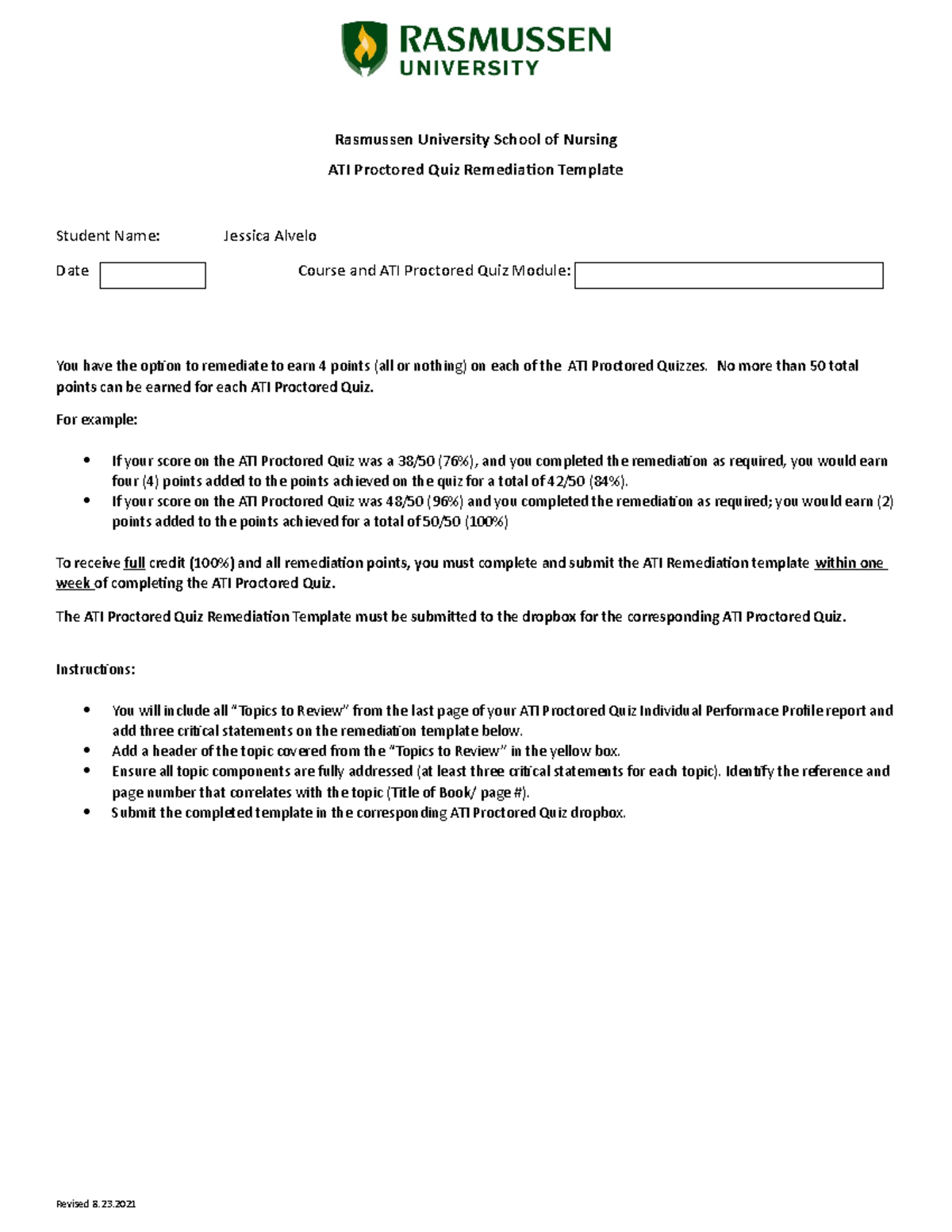 Jalvelo ATI Proctored Quiz 4 Remediation Template 110721 - Rasmussen ...