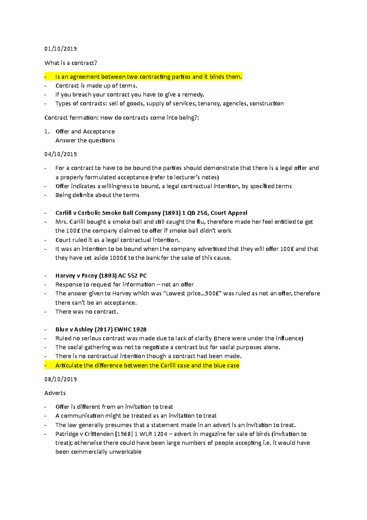 Contract Law - Lecture Notes - 01/10/ What is a contract? Is an ...