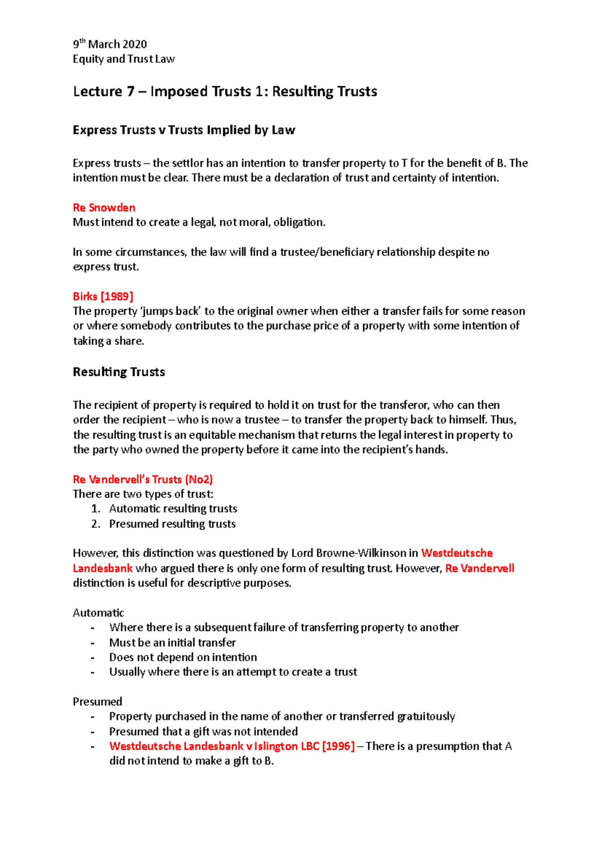 L7 - Resulting Trusts - Lecture notes 7 - Equity and Trust Law Lecture ...